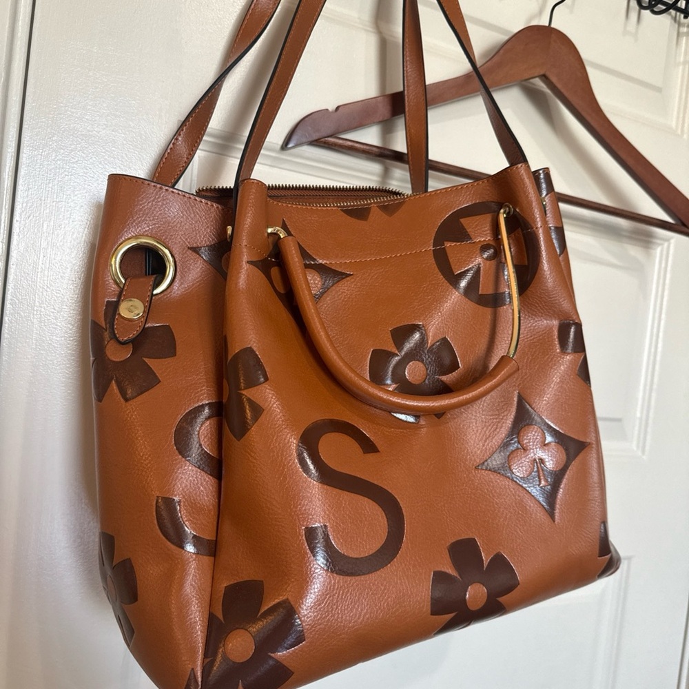 Brown Leather Tote Bag with Dark Brown Logo Motif